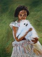 女孩和她心爱的狗狗-布面油画