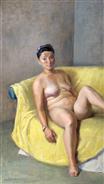 《坐在角落中的女人体》布面油画