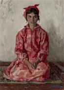 靳尚谊作品欣赏：穿花裙子的维族女孩--1981--53cm×38cm--纸板油画