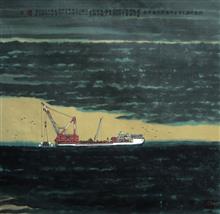 《南海1号组画之重见天日》2007年 斗方（茫茫大海中，有一艘沉没了八百年的古船，八百年后从黑暗的海底，很快打捞出水面，从此又回到人间。）