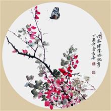 《丹朱绛紫玲珑秀》写意花鸟 团扇 2017年