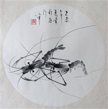 《虾》直径32cm 水墨动物 国画 2015年