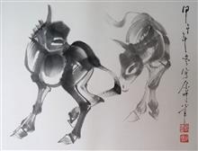 《双驴图》40cmx52cm 水墨动物 国画 2014年