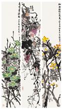花鸟组合3《枇杷熟时正逢夏，葡萄，屋前香满福》蔬果题材 纸本水墨 2012年