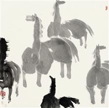 《五马图》36x36cm 写意动物 纸本水墨 斗方小品 2013年