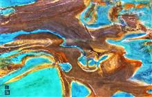 10《黄砂坡绿洲》44.5x69cm 设色纸本 水墨重彩 抽象山水 2014年