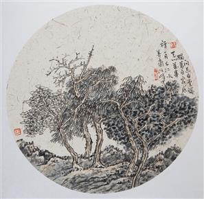 阮峰 | 写意山水 团扇 | 68x68cm | 2015年