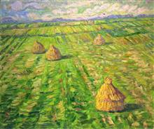 《丰收过后》50x60cm 布面油画 2016年 每年秋天，浙江老家乡下的稻米丰收后，景色非常迷人。夕阳里，一望无际的田野，矗立着顽皮的草堆，让人感动。