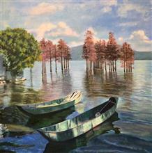 《杭州临安青山湖》100x100cm 布面油画 风景 2018年