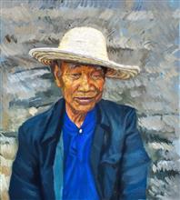 《带草帽老人》90x105cm 人物题材 布面油画
