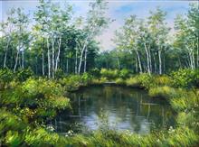 《水塘白桦》60x80cm 风景题材 布面油画