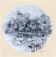 《德国·慕尼黑（富森）·新天鹅堡（白雪公主城堡）》33×33cm 纸本水墨 团扇 写意欧洲风情 2018年08月14日