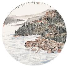 《秦王湖景区》68x68cm 纸本设色 写意山水 团扇 2017年
