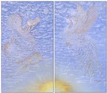 《龙抱珠归出晨曦 The great gaudy jewel 凤盈瑞气伴九天 Phoenix fluttered in the sky light》93x165x3x(90) x2 布面油画 2018年