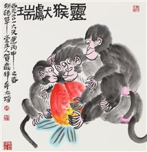 《靈猴獻瑞》，紙本設色，70×70cm，2016