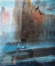 《山峽一角 江渡》，29×28cm ，1993