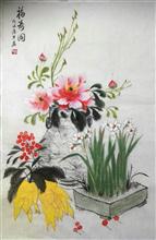 潇琴国画作品《福寿图》46x69cm 4尺3开 写意花卉 纸本水墨设色 立轴 2018年
