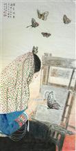 潇琴国画作品《蝶变传奇》68x138cm四尺整宣 惠安女雕刻着自己的图腾 写意人物 纸本水墨设色 立轴 2019年