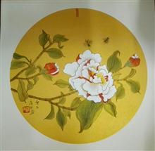 潇琴国画作品《茶花》38x38cm 写意花鸟 纸本设色  团扇 2020年