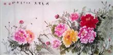 潇琴国画作品《国色天香》68x138cm四尺整宣 写意牡丹 纸本水墨设色 2020年