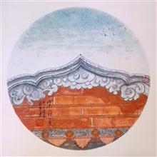 潇琴国画作品《红砖小景》38x38cm 纸本水墨设色 团扇 2020年